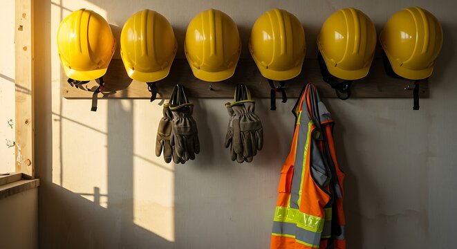 Safety Gear Lineup Hard Hats, Gloves, and Vest Ready for the Workday - Powered by Adobe