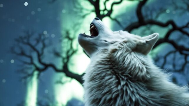 Howling White Wolf Under Aurora Borealis, Night Forest Scene