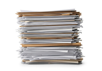 Tall stack of paper documents and files on white background