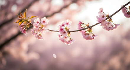 Obraz premium Beautiful Close-Up of Cherry Blossom Branch with Soft Pink Flowers Blooming in Springtime Scenic Nature Setting for Peaceful Garden Decor