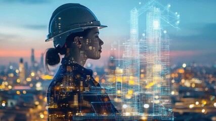 Young female engineer with hard hat looking at futuristic city skyline at dusk with digital overlay of buildings and technology concepts 4k video footage - Powered by Adobe