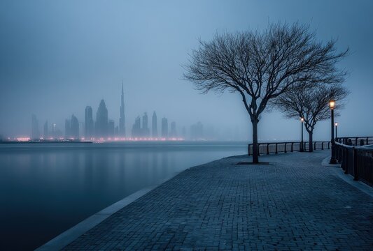 Misty morning cityscape by water - Powered by Adobe