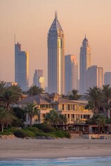 Golden hour cityscape, Dubai skyline with luxury beachfront homes