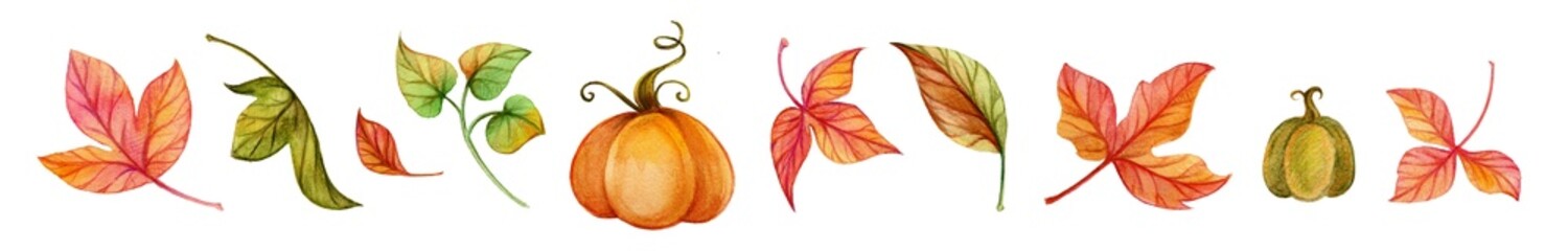Horizontal strip with autumn leaves and pumpkins. Watercolor seasonal illustration set