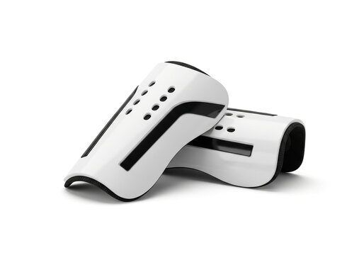 Pair of white soccer shin guards with black accents on a white background