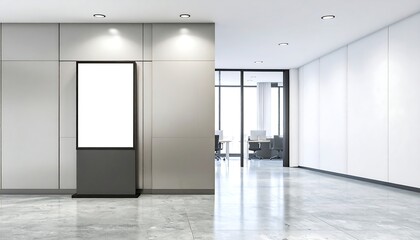 Empty digital signage stands in modern office lobby with marble floor and white walls creating a clean and professional atmosphere.