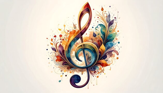 Colorful treble clef design with floral ornamentation.