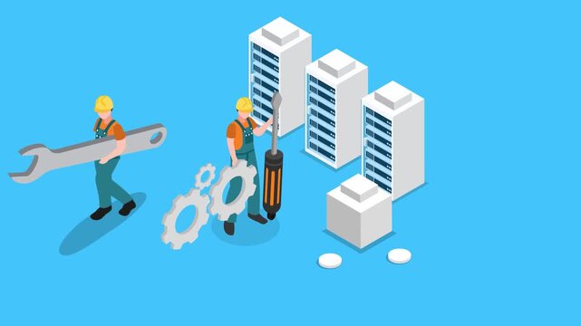 Animation of IT Technicians Maintaining a Server Rack 3d animation cartoon
