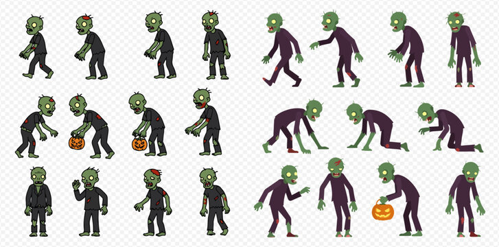 A collection of cartoon zombie character sprites in various poses for animation, including walking, crawling, and holding a Halloween pumpkin.
