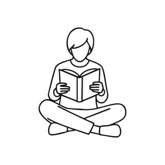 Young Person Reading Book Icon. Minimalist graphic of a figure seated, engrossed in a publication. Symbolizes education, wisdom, and tranquil intellectual pursuit.