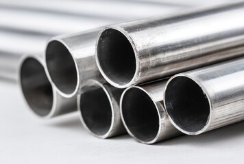Fototapeta premium Close-up of multiple metallic pipes with smooth surfaces and hollow interiors arranged together