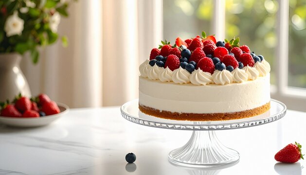 Round Chantilly cake displayed on a glass cake stand, frosted with smooth whipped cream and topped with fresh strawberries, blueberries, and raspberries.