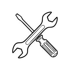 Crossed Spanner Screwdriver Icon. A crisp white pictogram of a spanner and a driver, denoting utility, mechanical tasks, or system preferences. This emblem conveys solutions and technical aid.