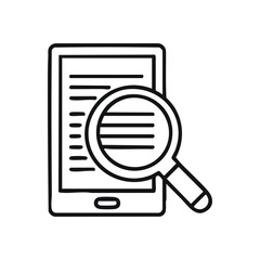 Mobile Content Search Icon. Stylized pictogram of a handheld gadget with a loupe, representing data exploration and electronic document review. Symbolizes easy digital research. © Lull