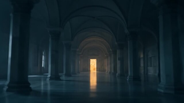 Arched hallway perspective with distant light source in architectural interior