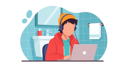 Person wearing headphones and beanie focused on a laptop in an unconventional bathroom setting, ideal for remote work, study, or online privacy.