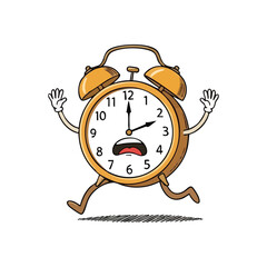Panicked Alarm Clock Running. Animated timepiece with a distressed expression sprints, symbolizing time pressure, deadlines, and the rush of moments.