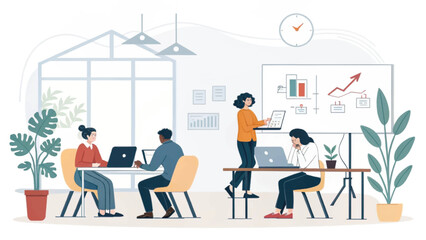 Diverse business team collaborating and working productively in a modern office, symbolizing teamwork, innovation, and corporate success.