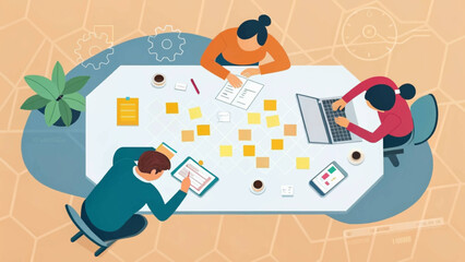 Diverse team collaborates on project planning, using sticky notes, laptop, and tablet for effective brainstorming and strategy development in a modern office setting.