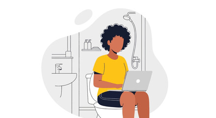 Person working on a laptop while sitting on a toilet in a modern, minimalist bathroom. Concept of remote work, multitasking, and unconventional workspaces.