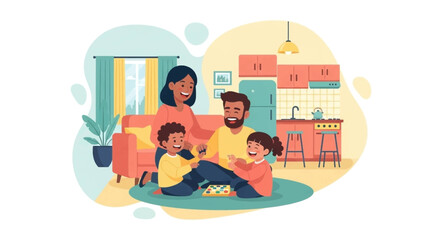 Joyful family playing a board game at home. Parents and children share happy moments, fostering togetherness and fun in their everyday lifestyle.