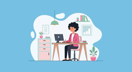 Professional woman focused on work at her modern desk with a computer in a bright office environment. Ideal for business, remote work, or productivity concepts.