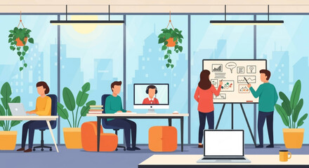 Modern office scene showing diverse professionals collaborating and working productively, blending in-person teamwork with remote communication in a dynamic business environment.