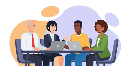 Diverse business team collaborates in a meeting, discussing strategy and ideas. Ideal for concepts of teamwork, professionalism, and modern workplace.