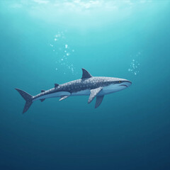 Fototapeta premium A whale shark swims gracefully in the deep blue ocean, with sunlight filtering through the surface and creating bubbles.