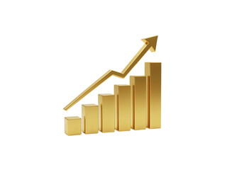 Golden 3d bar chart with upward trending arrow symbolizing financial growth and success isolated on transparent background