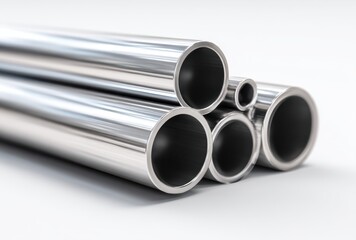 Fototapeta premium Close-up of multiple shiny metallic pipes with hollow interiors stacked together on a plain background
