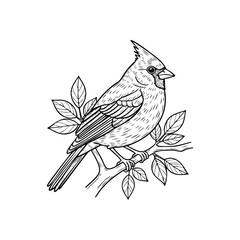 Elegant Cardinal Line Art Design. Striking monochrome depiction of a noble crested bird on a branch with foliage. This classic hand-drawn sketch conveys timeless sophistication and natural wonder.