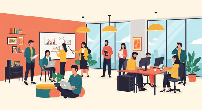 Dynamic office environment with diverse professionals collaborating and working efficiently. Ideal for business, teamwork, and modern workplace concepts.