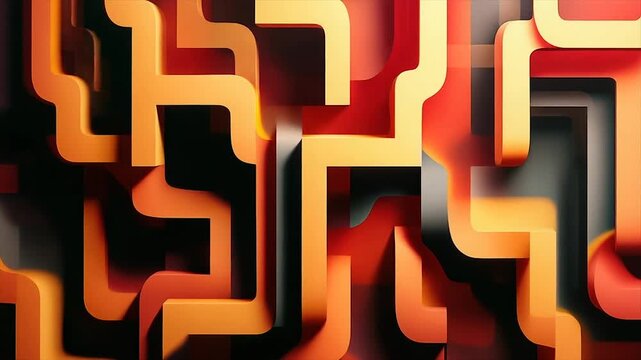 Abstract 3D design featuring layered, interlocking shapes in warm orange and dark tones
