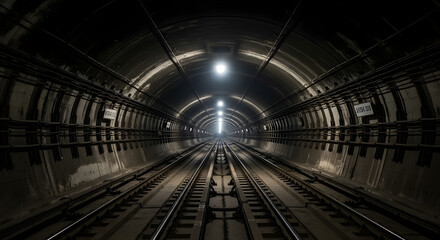 Subway tunnel with light at the end of the tunnel and metal tracks inside the tunnel