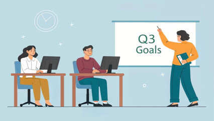 Business team collaborates on Q3 goals during a presentation in a modern office. Ideal for training, education, and professional development concepts.