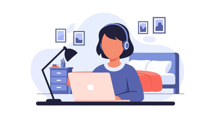 Person working or studying remotely on a laptop with headphones in a comfortable home setting. Represents remote work, online education, or virtual communication.
