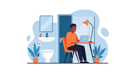 Man works remotely on laptop in a home bathroom, highlighting flexible work-from-home trends and modern lifestyle adjustments.