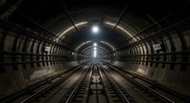 Subway tunnel with light at the end of the tunnel and metal tracks inside the tunnel