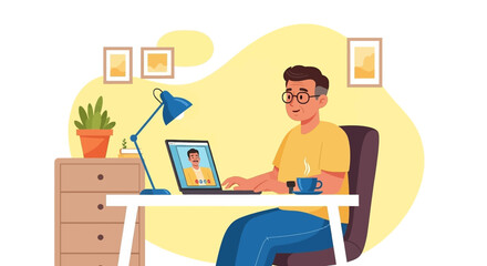 Man video calls from home office, using laptop for virtual meeting. Represents remote work, online communication, and digital connectivity.