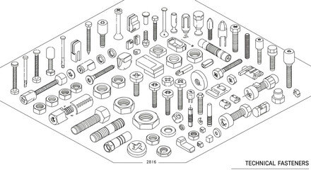 Precision technical fasteners collection, screws, nuts, bolts, and connectors for industry blueprints and design