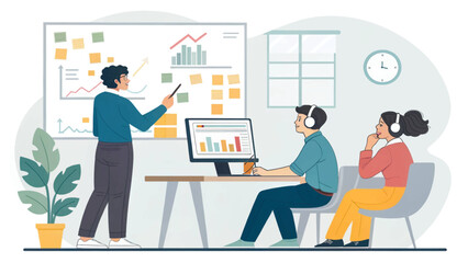 Professional team presentation in an office. Speaker uses a pointer on a whiteboard with charts, while colleagues listen and analyze data. Teamwork, learning, business growth.