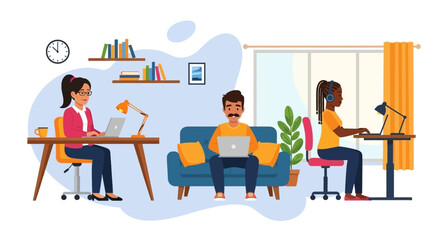 Diverse people working remotely from home, illustrating modern flexible work arrangements and productivity. Ideal for business, technology, and lifestyle concepts.