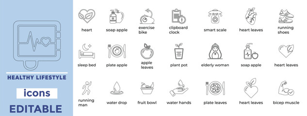 Clean editable healthy lifestyle  icons in line art ideal for wellness, nutrition, habits, health branding design