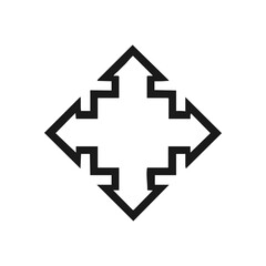 Four Way Directional Arrows Symbol. Abstract graphic of divergent white pointers emanating from a central point, outlined in black. Symbolizes multiple choices, expansion, and navigation paths.