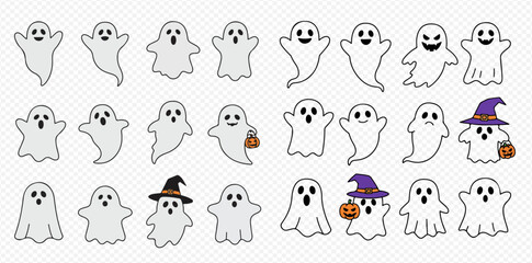 A collection of cute cartoon ghost characters with various expressions, some wearing witch hats for Halloween.
