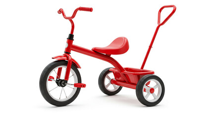 Bright red toddler tricycle with push handle and basket, isolated on white background