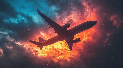 Naklejka premium Airplane Flying Through Dramatic Sunset Sky with Fiery Clouds and Contrasting Blue Hues