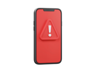Red smartphone displaying a warning sign alert with an exclamation mark inside a triangle isolated on transparent background