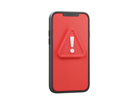 Red smartphone displaying a warning sign alert with an exclamation mark inside a triangle isolated on transparent background